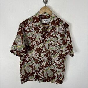 Vintage Pomare Hawaii Aloha Shirt Brown Floral Leaf Print Made in USA Size M 70s